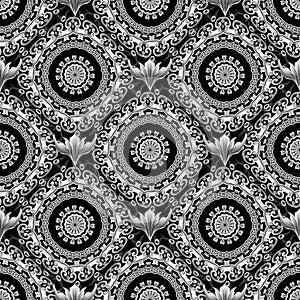 Baroque black and white vector seamless pattern. Greek ornamental background. Damask ornament with greek key meanders