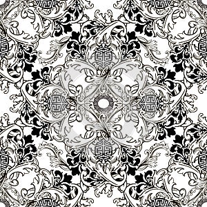 Baroque black and white vintage vector seamless pattern. Isolated ornamental floral Damask background. Repeat backdrop. Ancient