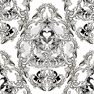 Baroque black and white vintage vector seamless pattern. Ornamental floral background. Antique baroque ornament in Victorian style