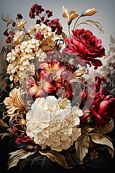 Baroque Blooms: A Stunning Bouquet of Red, Gold, White, and Silv