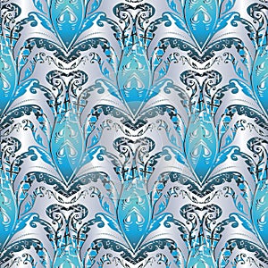 Baroque blue silver seamless pattern. Vector floral background w