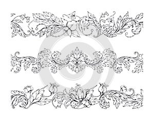 Baroque border frame. Floral victorian curve ornament set, elegant decoration motif with flowers, filigree and swirl