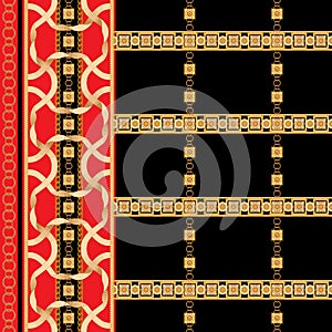 Baroque border seamless pattern with golden ribbons and chains. Striped patch for scarfs, print, fabric