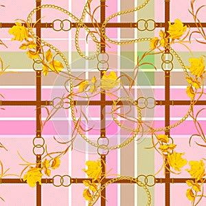 Baroque check seamless pattern with chains, belts and roses. Vector patch for fabric, scarf
