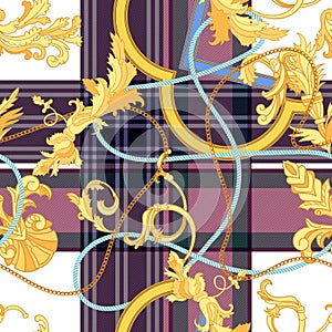 Baroque check seamless pattern with chains and frames. Vector patch for fabric, scarf