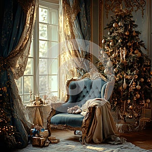 Baroque Christmas Photography Backdrop with Window and Cozy Warm Lights photo