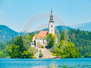 Baroque Church of the Assumption of Saint Mary on Bled Island, Lake Bled, Julian Alps, Slovenia, Europe