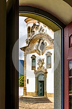 Baroque church facade seen through the window