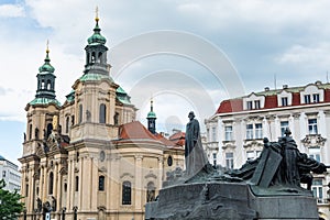 Baroque Church Of St Nicholas Of Old Town and Jan  Hus Memorial at the Prague old town square,  the central square of the