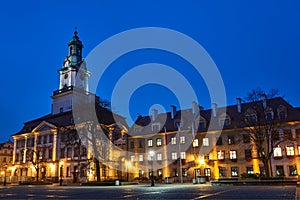 A baroque-classicistic historic town hall at night