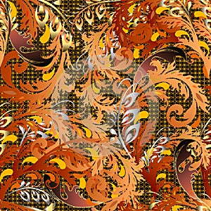 Baroque colorful autumn leaves vector seamless pattern. Bright lace ornamental leafy background. Vintage repeat patterned floral