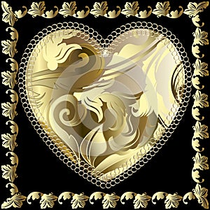 Baroque 3d vector love heart pattern. Ornamental gold Damask background. Decorative patterned floral lace love heart. Old vintage