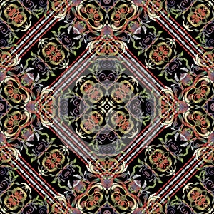 Baroque Damask floral embroidery seamless pattern. Vector striped grunge background. Vintage embroidered wallpaper. Colorful
