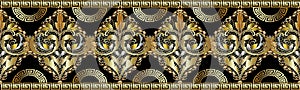 Baroque Damask gold 3d seamless borders pattern. Greek key meanders