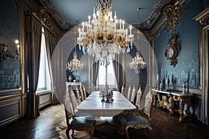 baroque dining room with ornate chandelier and gold-gilded accents