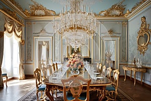 baroque dining room with ornate chandelier and gold-gilded accents