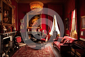 baroque drawing room, with rich reds and golds on the walls, and lavish fabrics