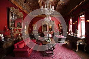 baroque drawing room, with rich reds and golds on the walls, and lavish fabrics