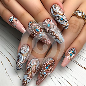 Baroque elegance: bejeweled turquoise nail artistry