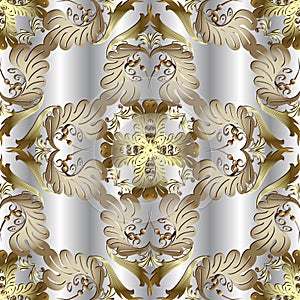 Baroque floral vintage 3d vector seamless pattern. Silver drapery ornamental background. Gold hand drawn Victorian style flowers,