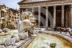Baroque fountain in front of Pantheon, Rome, Italy