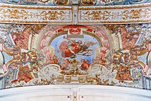 Baroque frescoes in the ceiling of Hospital de Jesus Cristo Church.