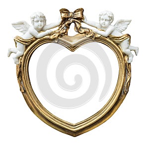 Baroque gilded fhoto frame in form of heart with cupids on isolated background