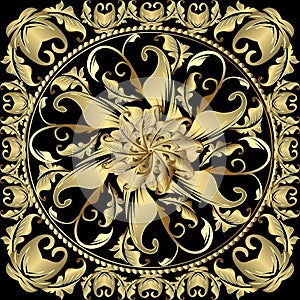 Baroque gold 3d mandala pattern. Vintage ornamental panel design