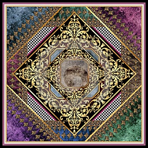 Baroque gold embellished silk scarf design