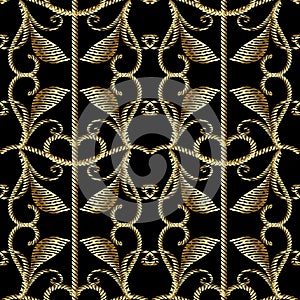 Baroque gold embroidery style 3d seamless pattern. Vector patte