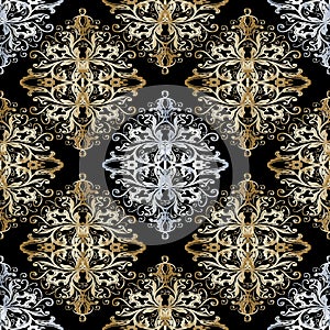 Baroque gold silver seamless pattern. Vintage floral background.