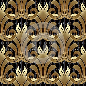 Baroque gold vector seamless pattern. Floral background wallpaper with vintage golden damask flowers, scroll leaves, antique