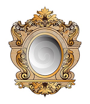 Baroque golden mirror frame. Vector round decor design elements. Rich encarved ornaments