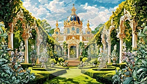 Baroque golden palace with richly ornamented garden in foreground