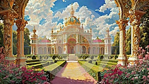 Baroque golden palace with richly ornamented garden in foreground