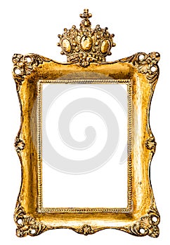 Baroque golden picture frame with crown. Vintage object