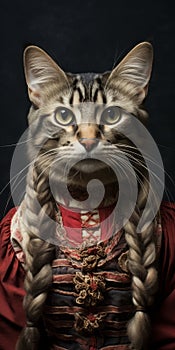 Baroque-inspired Cat Portrait With Braided Braids And Trachten