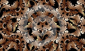 Baroque intricate gold 3d seamless pattern. Floral vector background wallpaper with vintage damask flowers, scroll