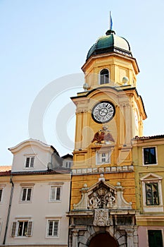 Baroque landmark city clock tower on main street Rijeka Croatia