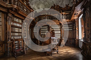 baroque library with towering bookshelves and intricate carvings