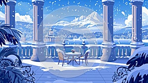 Baroque lounge design with an empty view of an Indian palace balcony in winter. Snow-covered ancient patio with falling