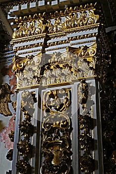 Baroque ornaments on church wall detail, Sao Joao del Rei