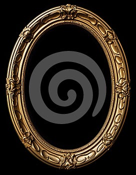 Baroque ornate oval golden frame. Picture frame isolated on black background