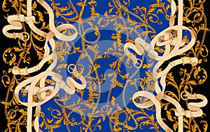 Baroque patch with chains and belts. Vector seamless pattern for scarf