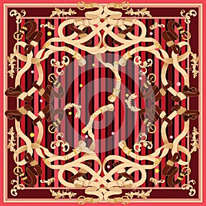 Baroque patch with golden chains and belts. Vector red scarf