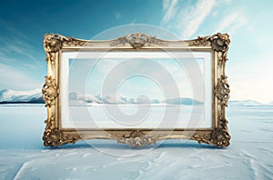 Baroque picture frame on the frozen lake.