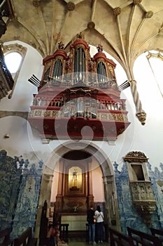 Baroque pipe organ of the 18th century inside the church of Monastery of Santa Cruz, Coimbra, Portugal