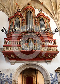 Baroque pipe organ of the 18th century inside the church of Monastery of Santa Cruz, Coimbra, Portugal