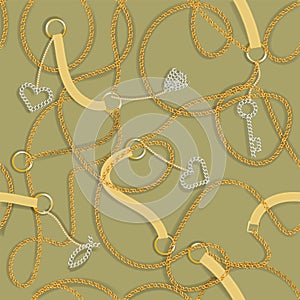 Baroque print with golden chains, golden heart, key, belts. Seamless Baroque vector pattern.