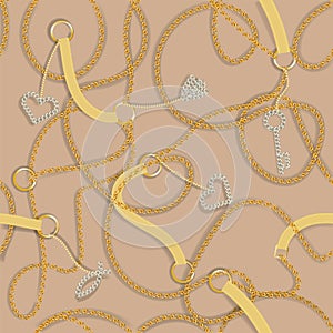 Baroque print with golden chains, golden heart, key, belts. Vector patch for print, fabric, scarf design